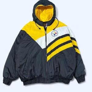 Vintage Logo 7 NFL Pittsburgh Steelers Puffer Jacket Mens XL Black Yellow Hooded